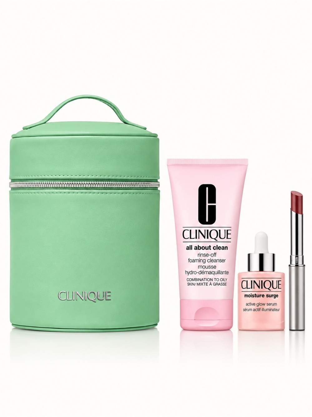 Clinique Mint Green Travel Case with Pink Cleanser & Serum